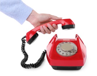 Photo of Woman using telephone on white background, closeup