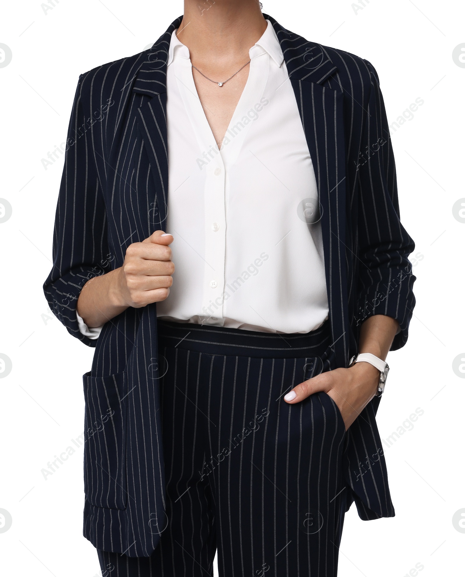 Photo of Woman in black striped suit on white background, closeup