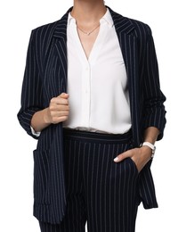 Photo of Woman in black striped suit on white background, closeup