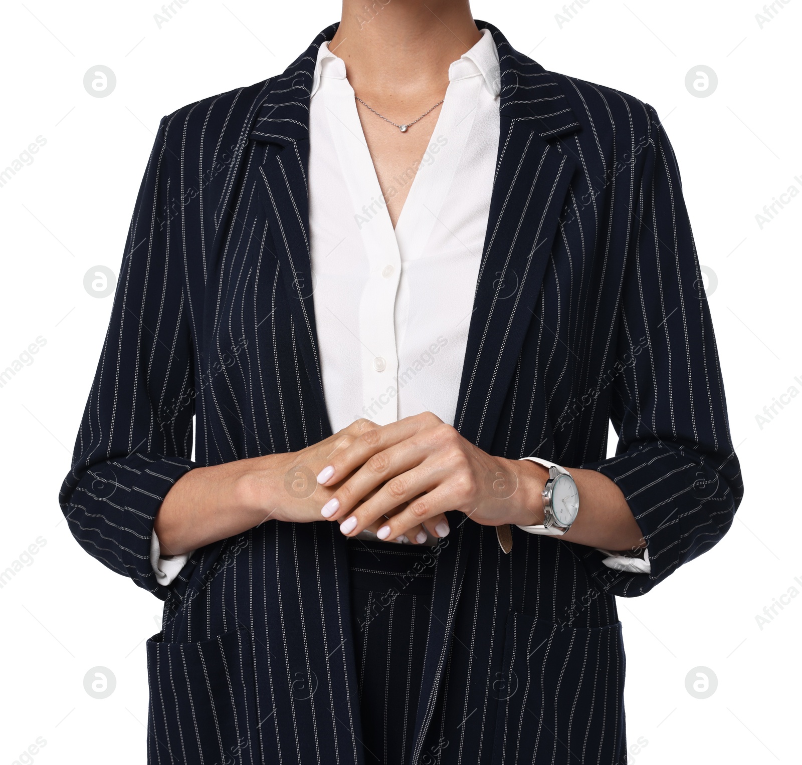 Photo of Woman in black striped suit on white background, closeup