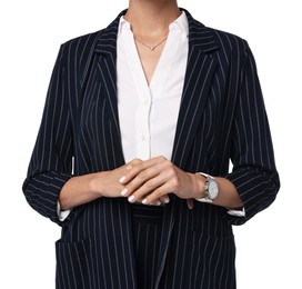 Photo of Woman in black striped suit on white background, closeup