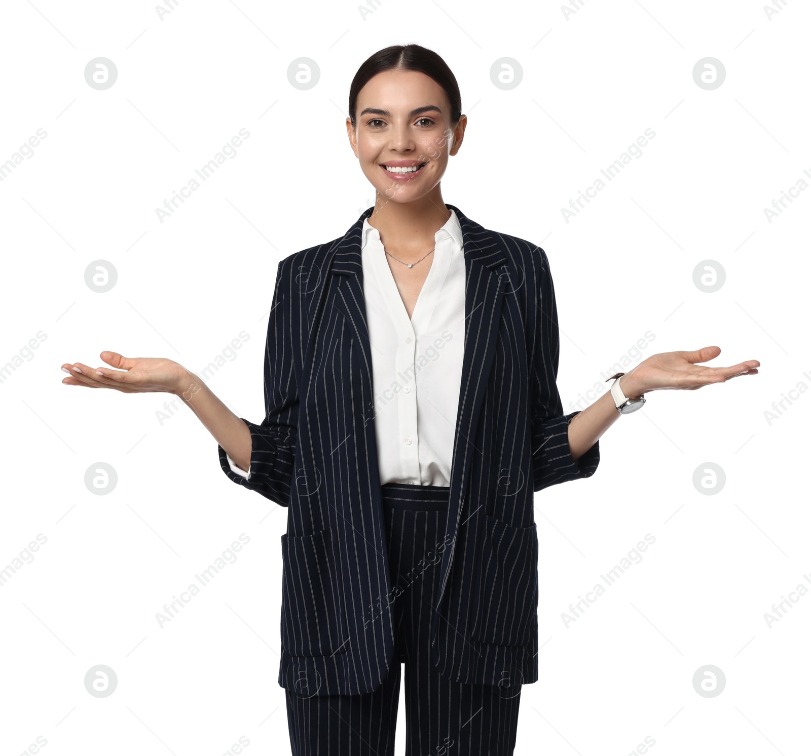 Photo of Beautiful woman in black striped suit on white background