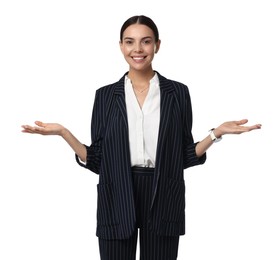 Photo of Beautiful woman in black striped suit on white background