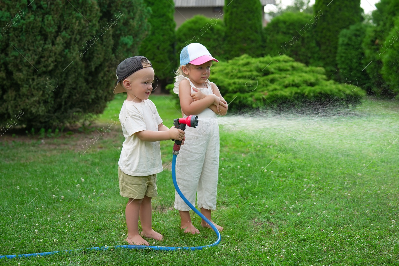 Photo of Little boy and his sister watering lawn with hose in backyard