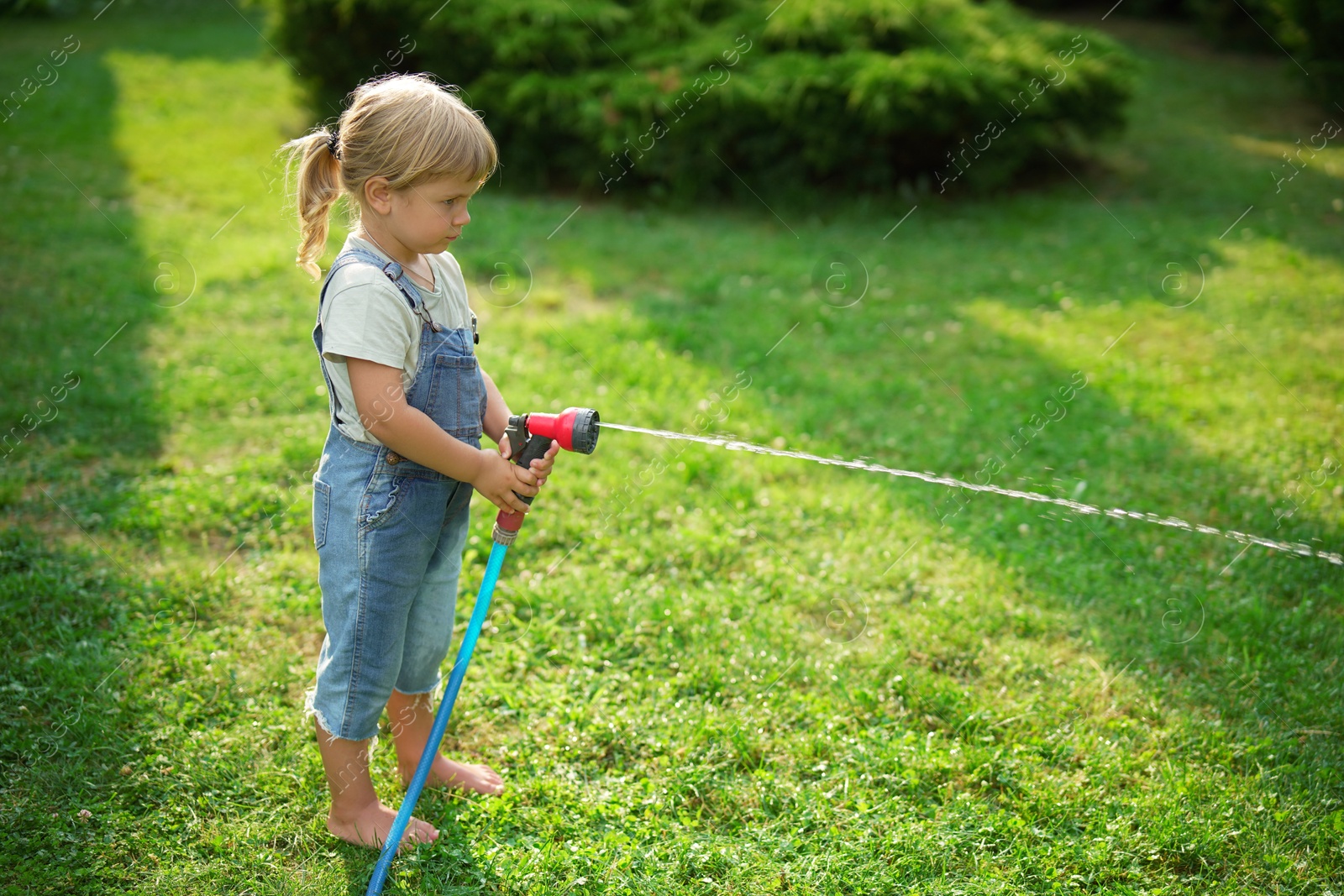 Photo of Little girl watering lawn with hose in backyard