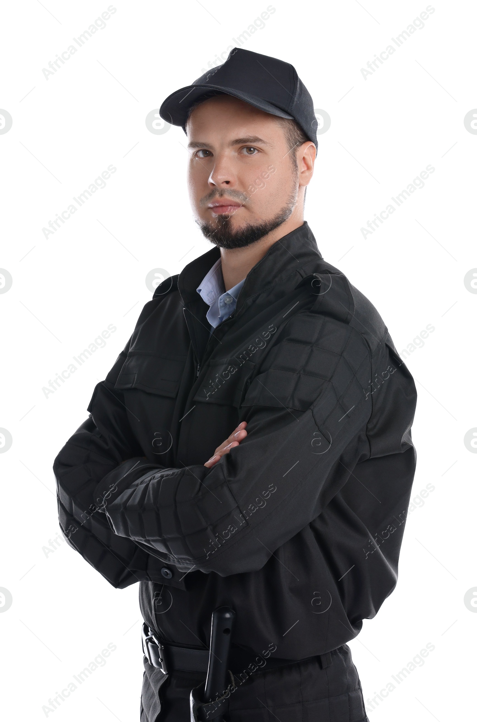 Photo of Young security guard in uniform isolated on white