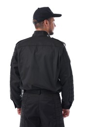 Photo of Security guard in uniform isolated on white, back view