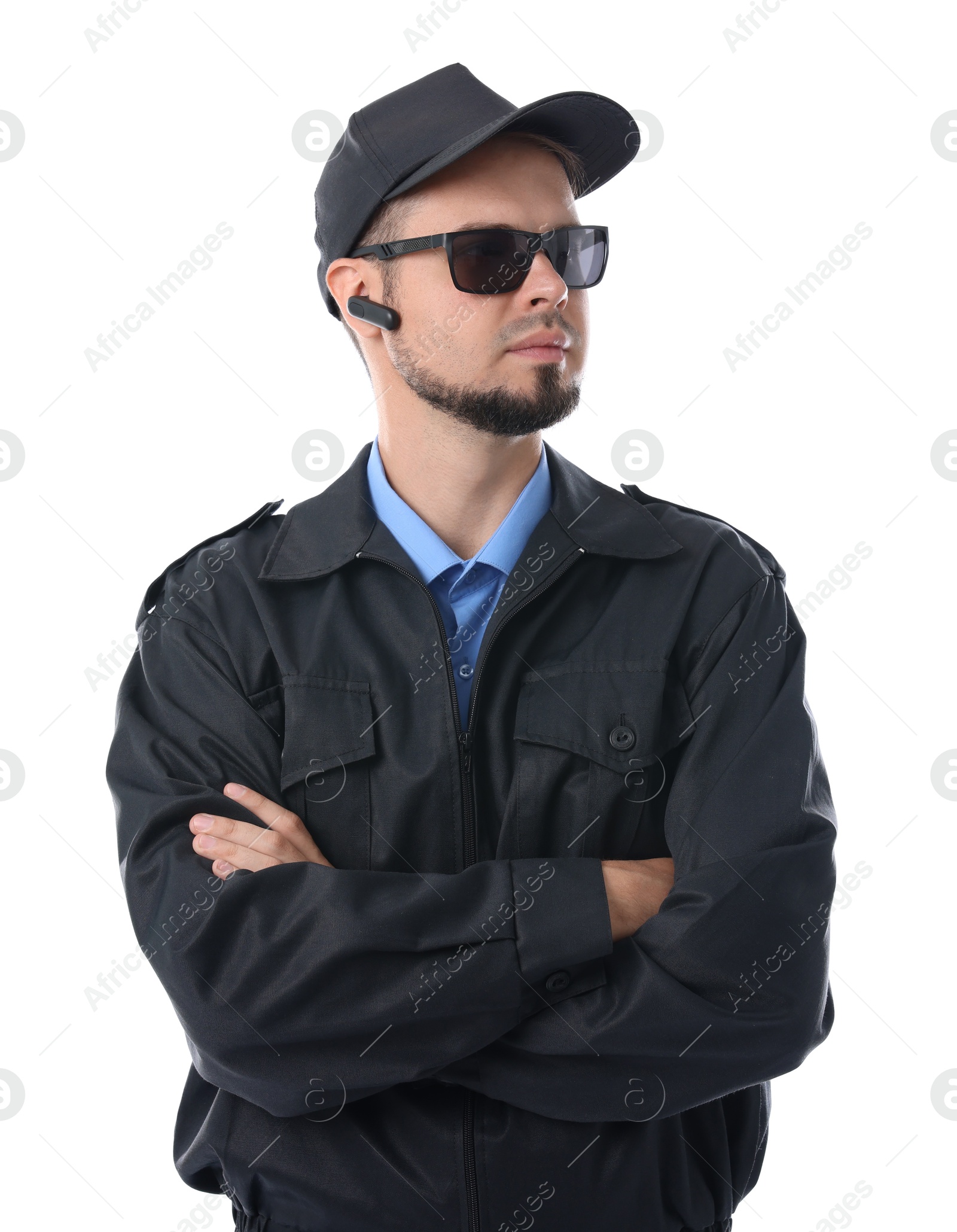 Photo of Security guard in uniform and sunglasses isolated on white