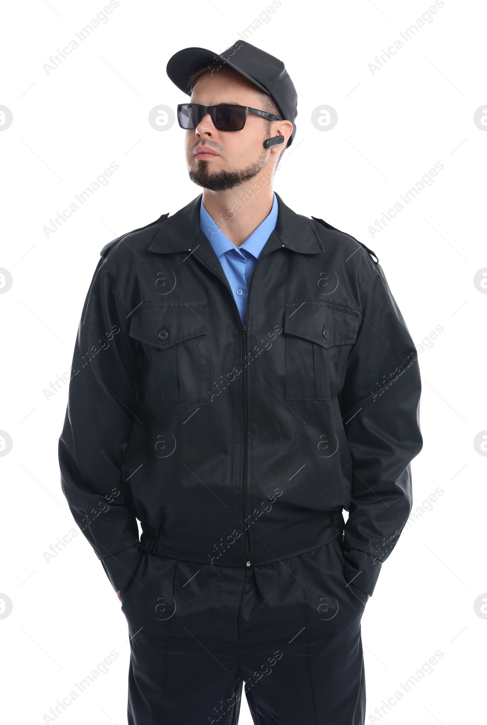 Photo of Security guard in uniform and sunglasses isolated on white