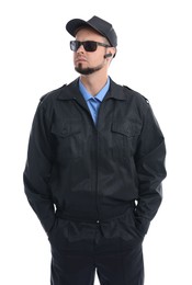 Photo of Security guard in uniform and sunglasses isolated on white