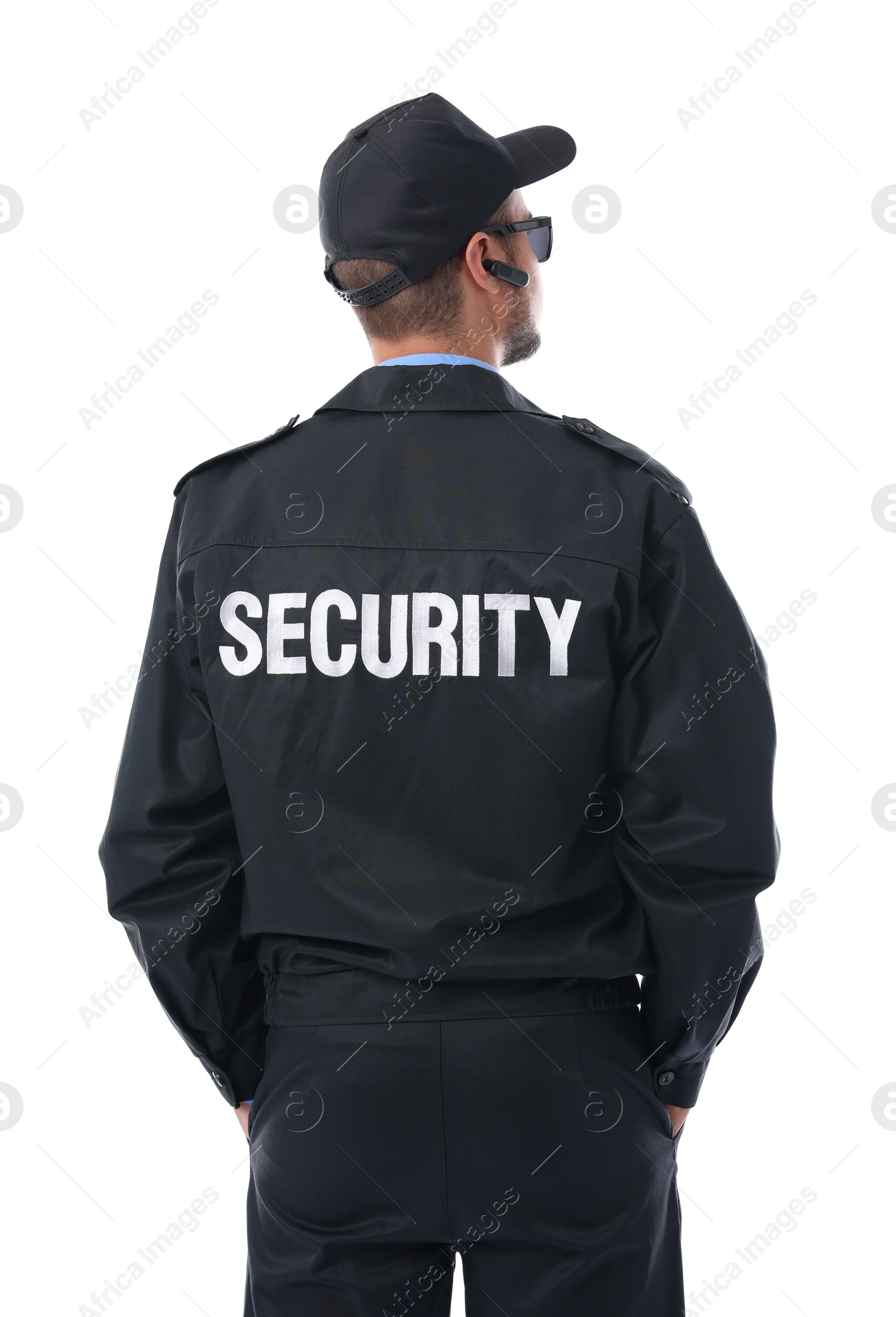 Photo of Security guard in uniform and earpiece isolated on white, back view