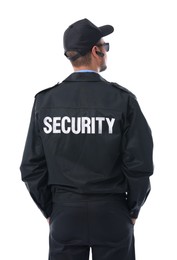 Security guard in uniform and earpiece isolated on white, back view