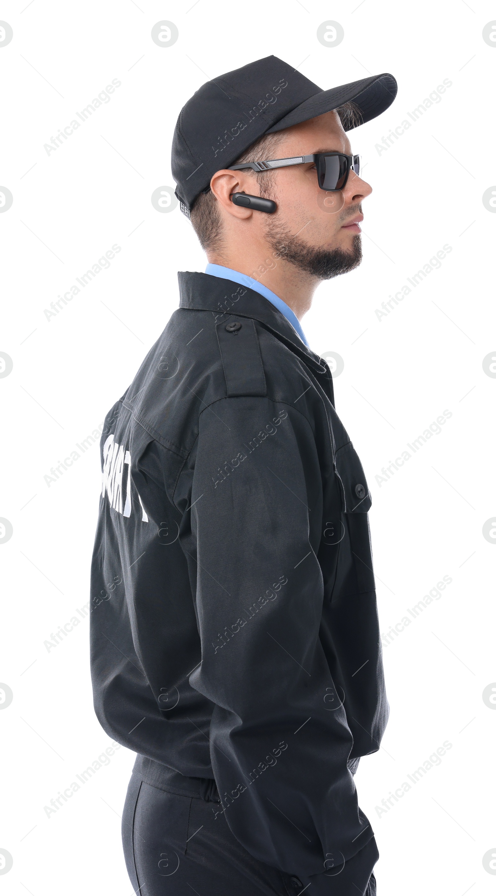 Photo of Security guard in uniform and sunglasses isolated on white