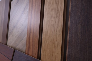 Photo of Many different samples of wooden flooring in store