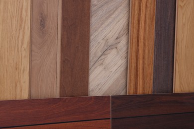 Photo of Many different samples of wooden flooring as background, closeup