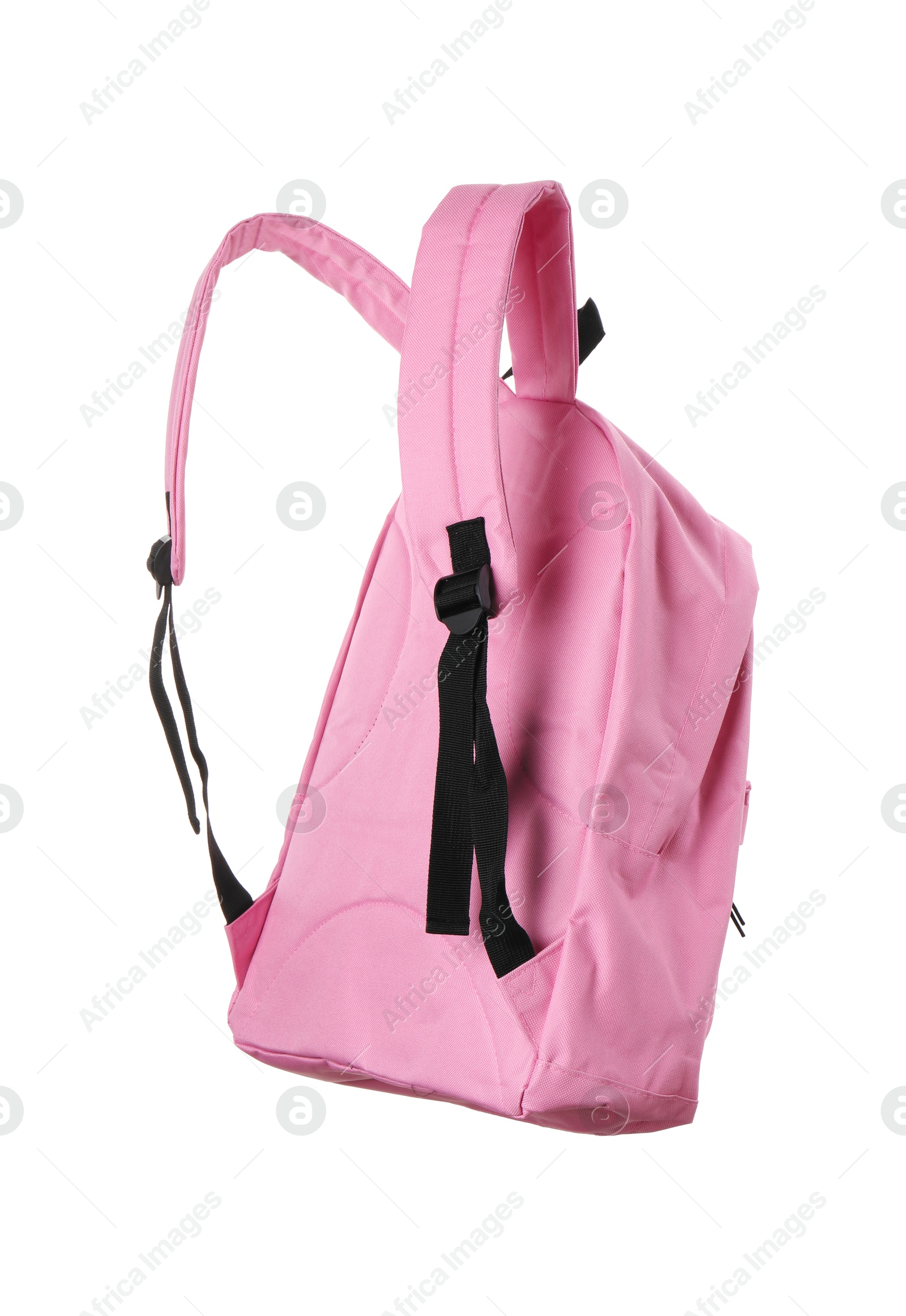 Photo of One stylish pink backpack isolated on white