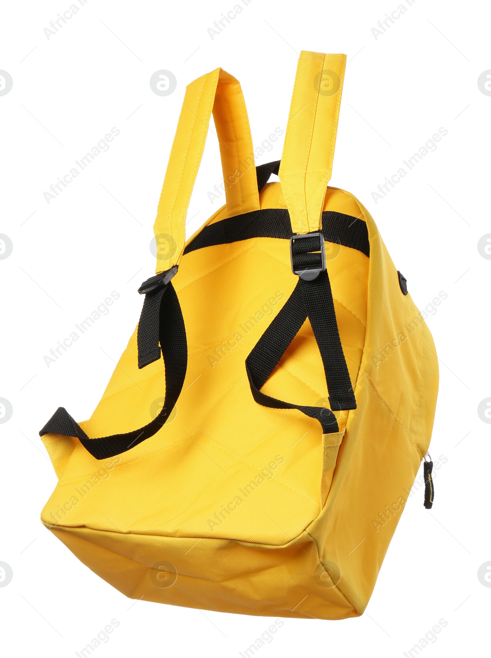 Photo of One stylish yellow backpack isolated on white