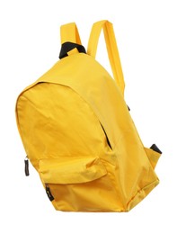 Photo of One stylish yellow backpack isolated on white