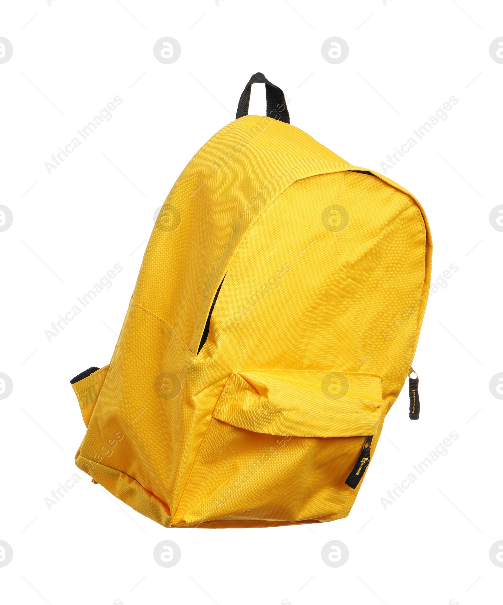 Photo of One stylish yellow backpack isolated on white