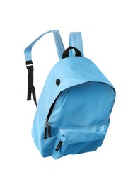 Photo of Stylish light blue backpack isolated on white