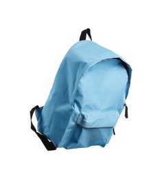 Photo of Stylish light blue backpack isolated on white