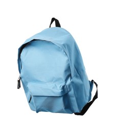 Photo of Stylish light blue backpack isolated on white