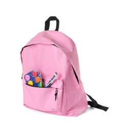 Photo of Backpack with watercolor palette and brushes isolated on white