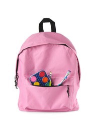 Photo of Backpack with watercolor palette and brushes isolated on white