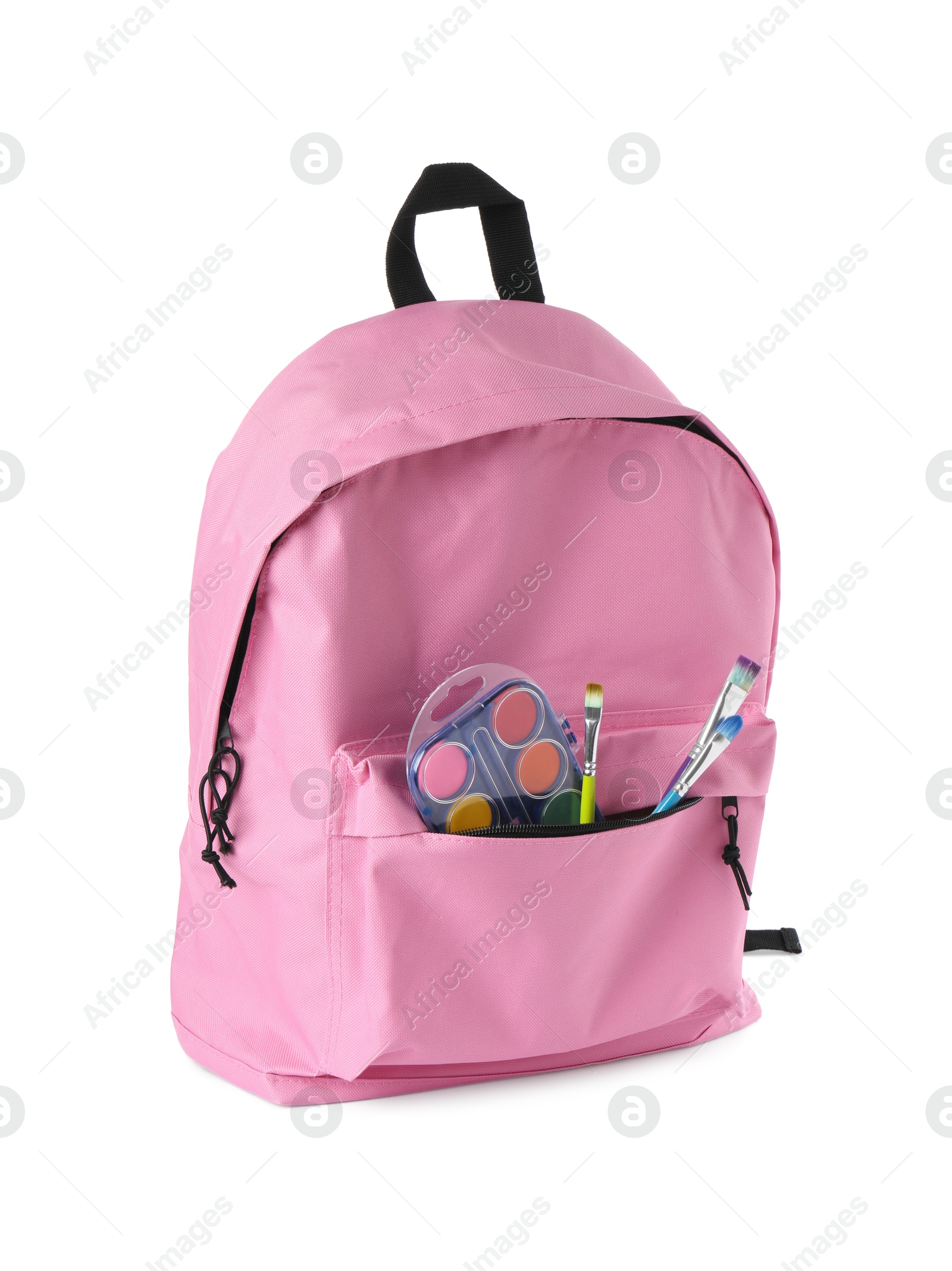 Photo of Backpack with watercolor palette and brushes isolated on white