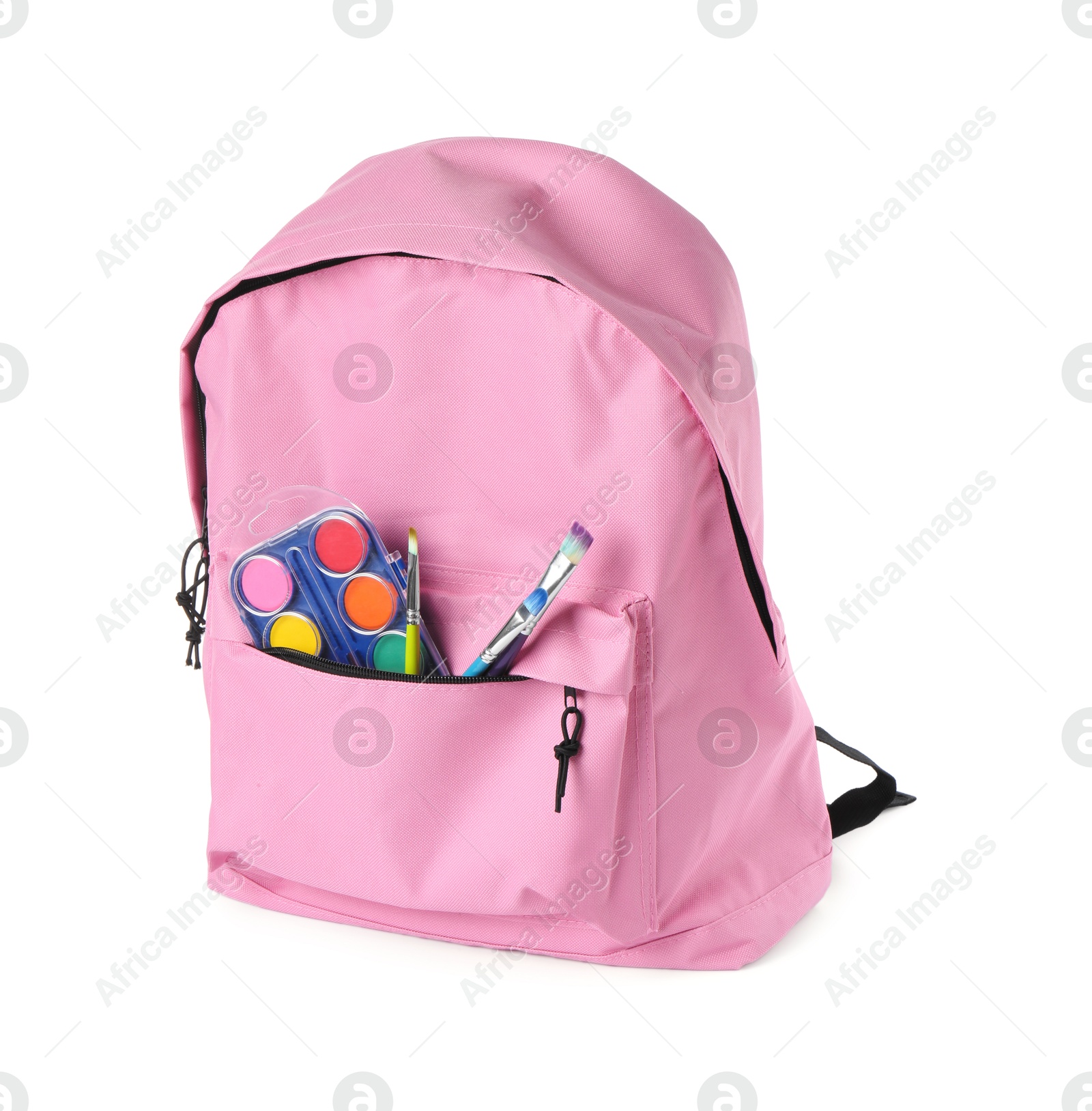 Photo of Backpack with watercolor palette and brushes isolated on white