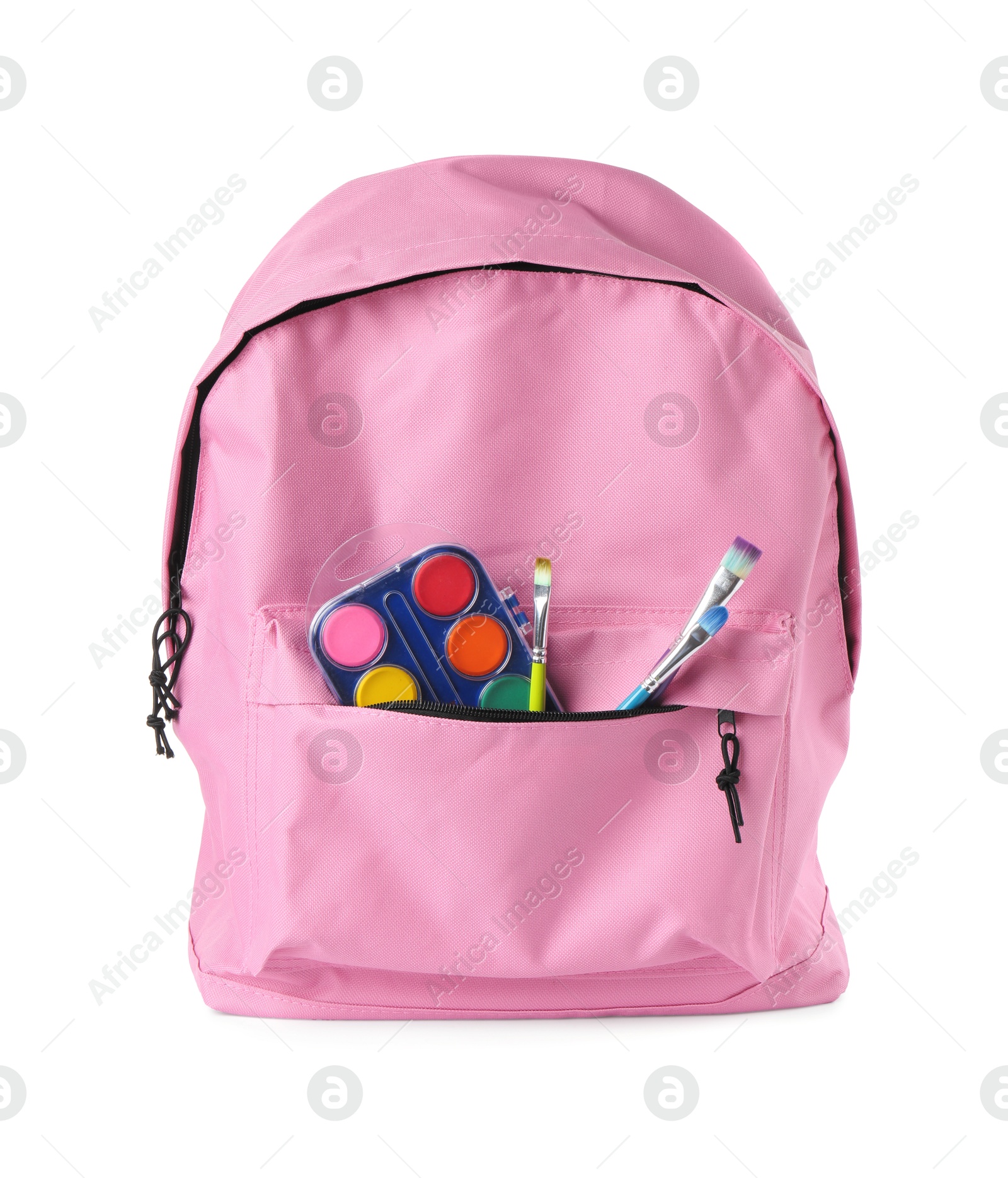 Photo of Backpack with watercolor palette and brushes isolated on white