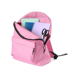 Photo of Backpack with different school stationery isolated on white