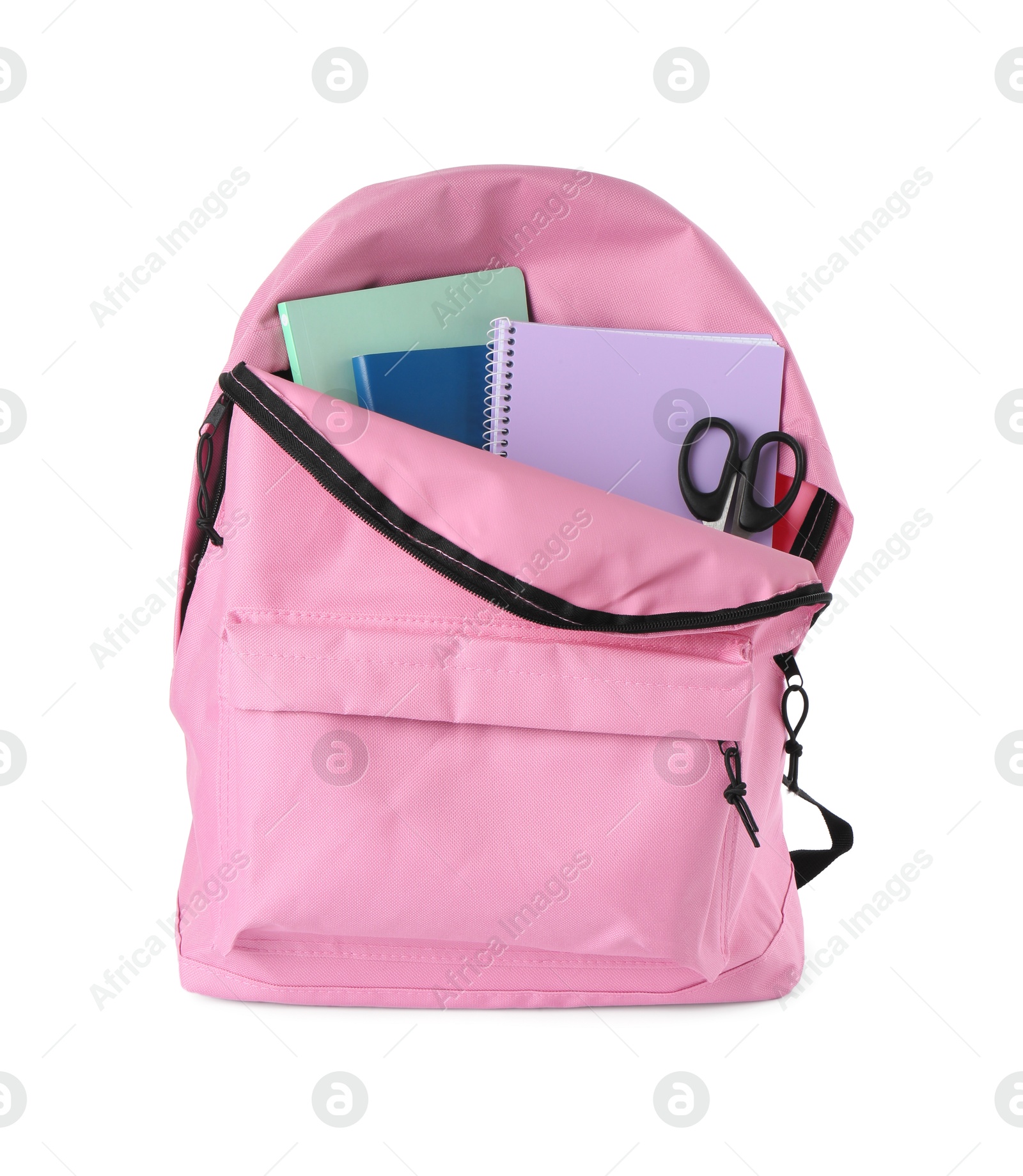 Photo of Backpack with different school stationery isolated on white