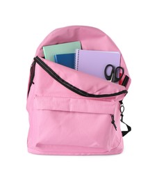 Photo of Backpack with different school stationery isolated on white