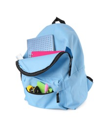 Photo of Backpack with different school stationery isolated on white