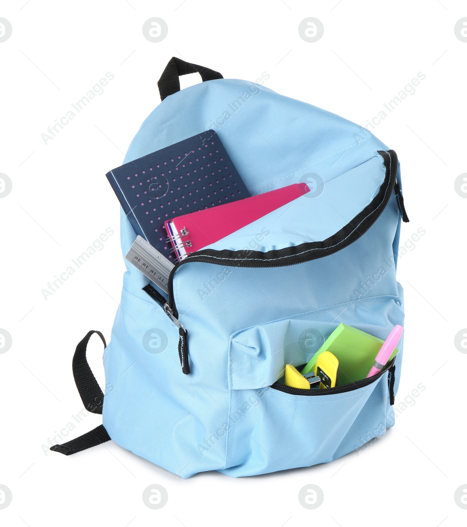 Photo of Backpack with different school stationery isolated on white