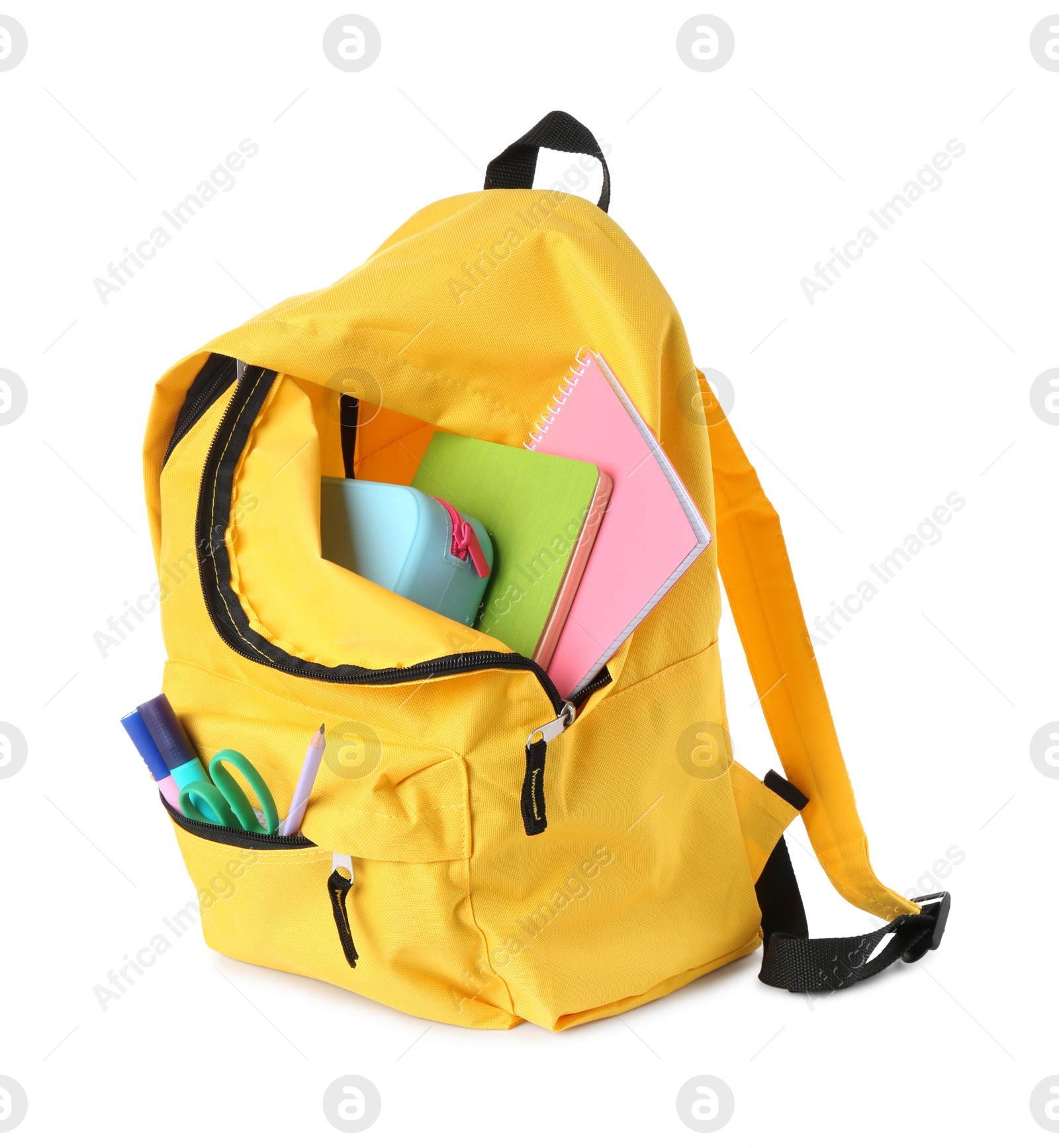 Photo of Backpack with different school stationery isolated on white