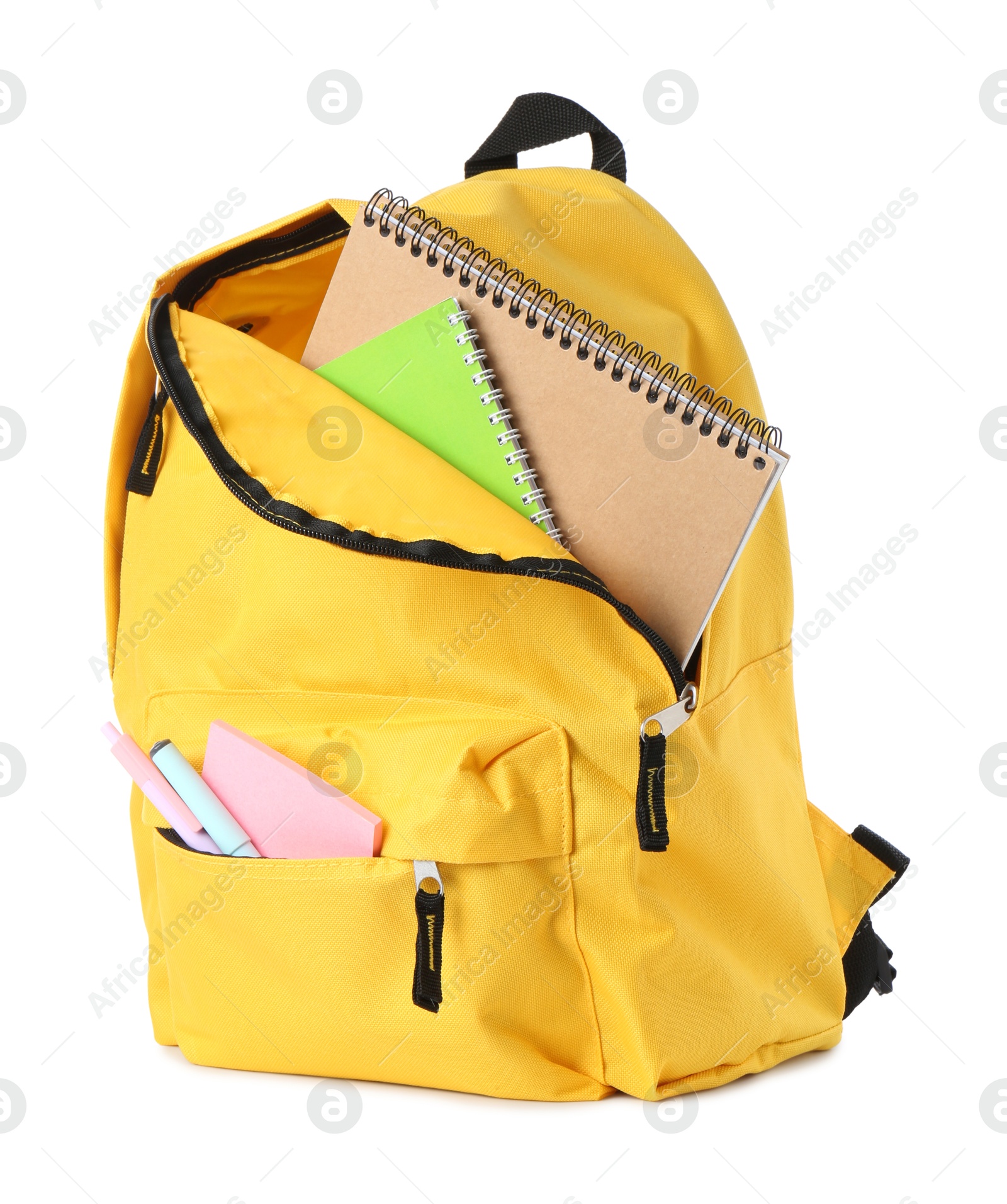 Photo of Backpack with different school stationery isolated on white