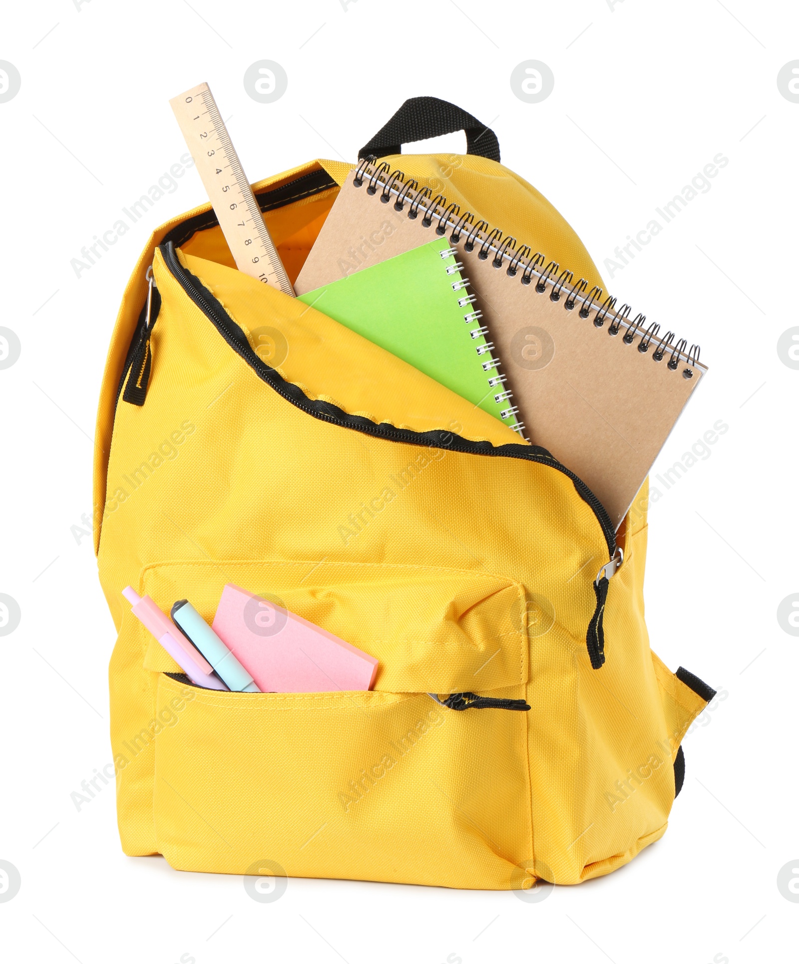 Photo of Backpack with different school stationery isolated on white