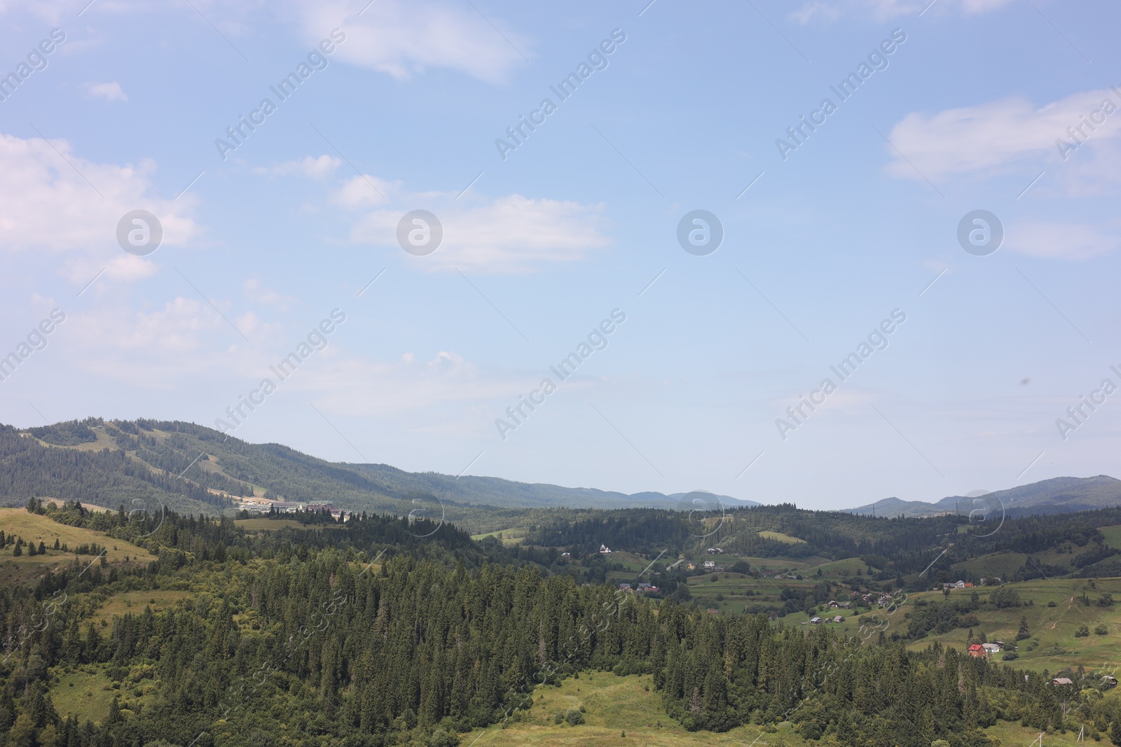 Photo of Picturesque view of forest in mountains under blue sky