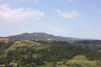 Photo of Picturesque view of forest in mountains under blue sky