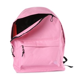 Photo of One stylish pink backpack isolated on white