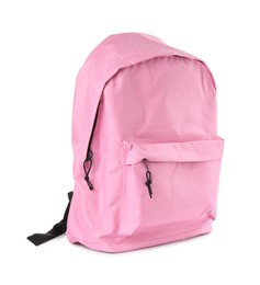 Photo of One stylish pink backpack isolated on white