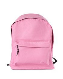 Photo of One stylish pink backpack isolated on white