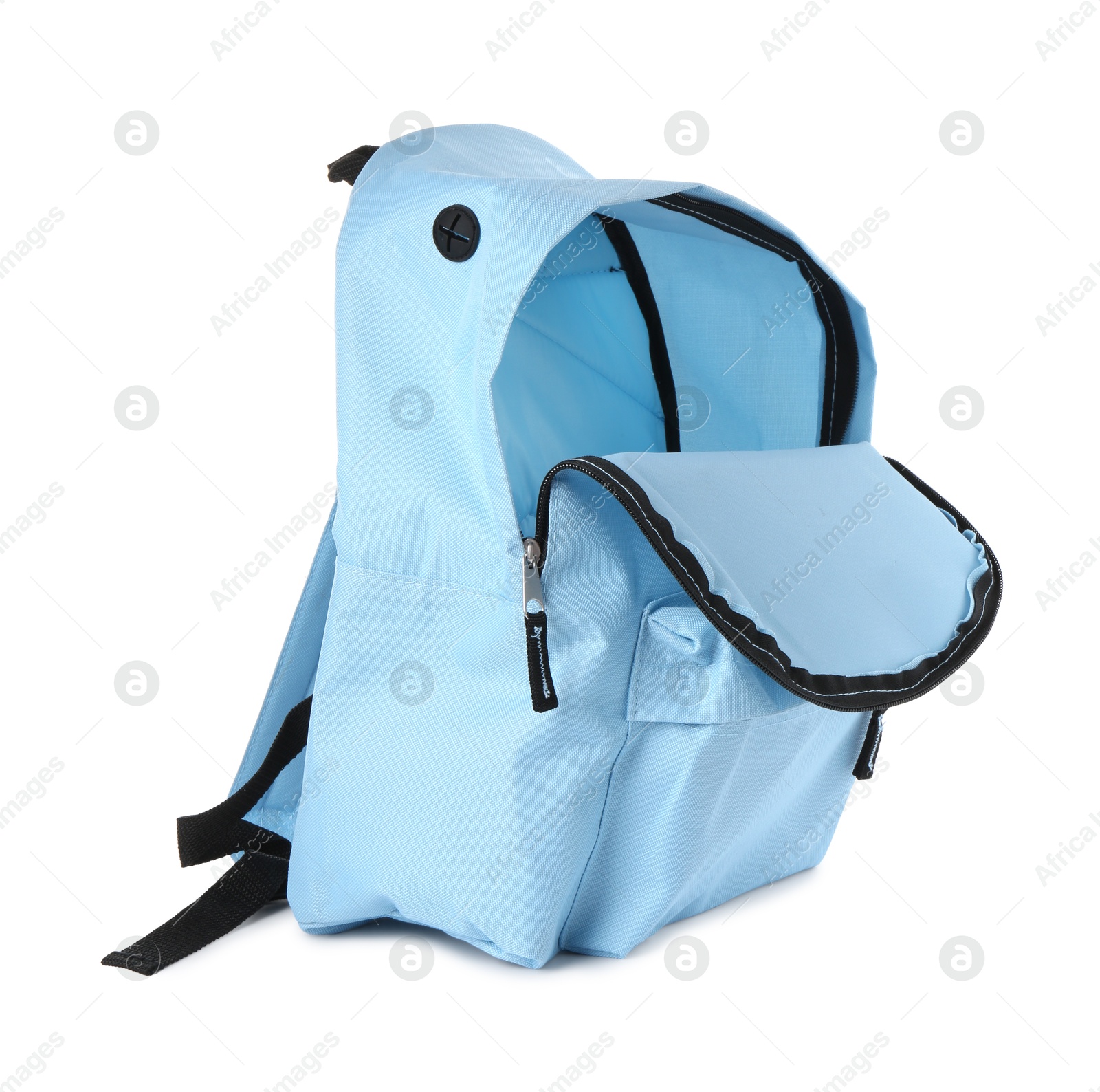 Photo of Stylish light blue backpack isolated on white