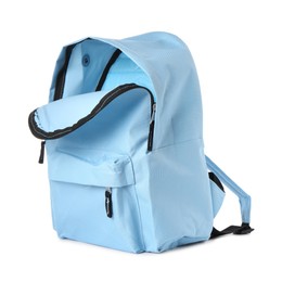 Photo of Stylish light blue backpack isolated on white