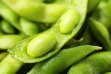 Photo of Fresh edamame pods with soybeans as background, closeup