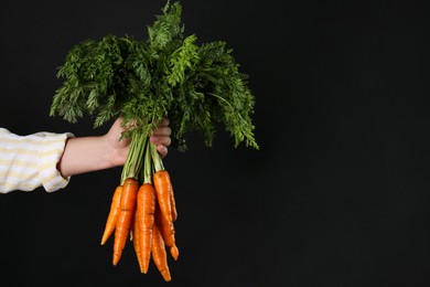 Photo of Woman holding ripe carrots on black background, closeup. Space for text