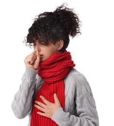 Cold symptom. Young woman coughing on white background