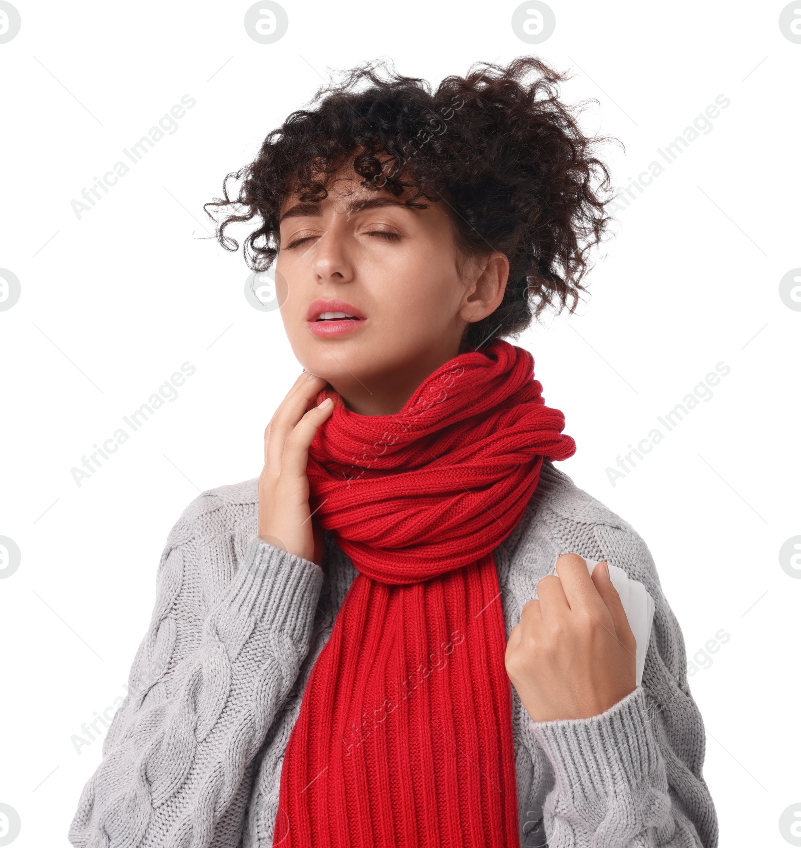 Photo of Cold symptom. Young woman with tissue on white background